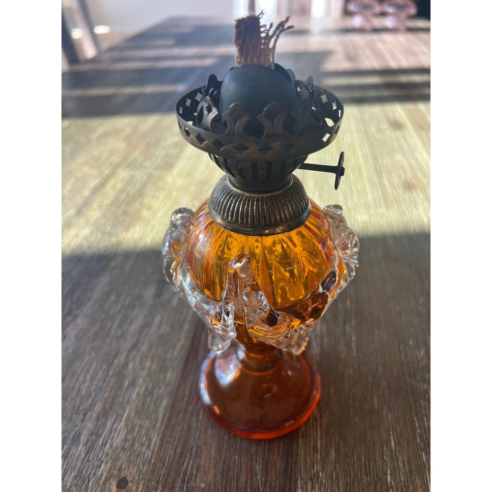 Vintage Amber Glass Oil Lamp with Clear Rigaree Star of David Burner Knob